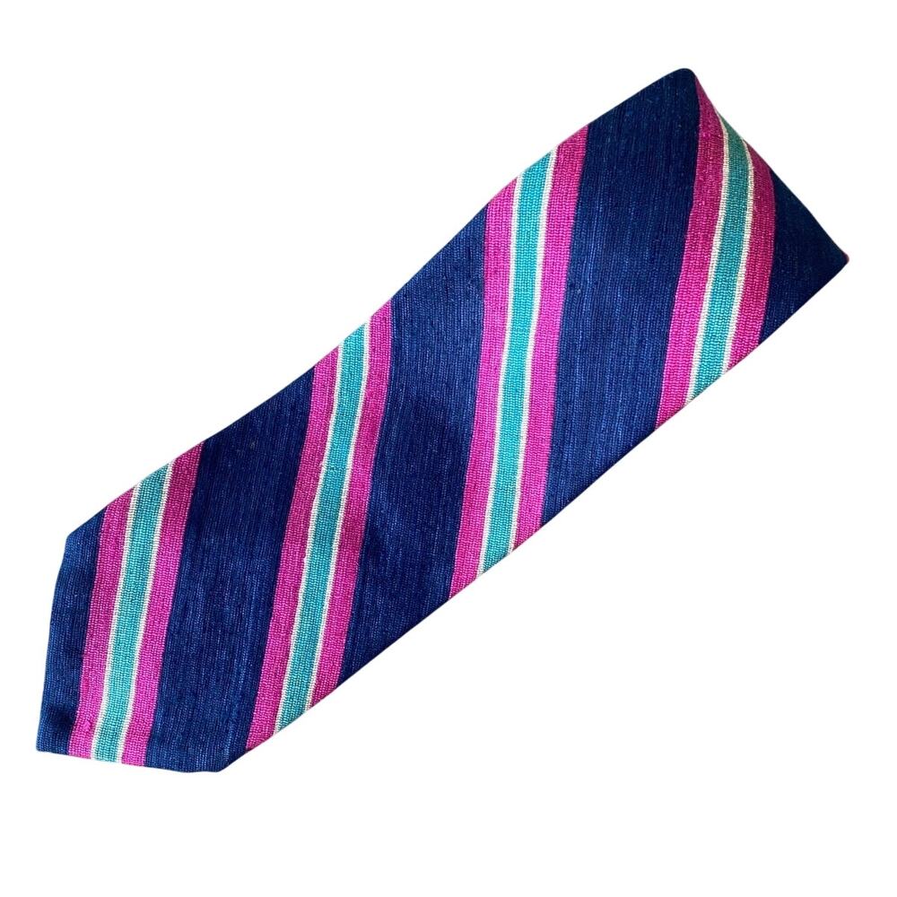 Vintage Polo Ralph Lauren Silk Tie Repp Stripe Handmade USA Blue Pink Turquoise